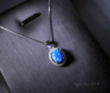 Blue Opal Necklace, sterling silver rainbow White Opal CZ Necklace, Solitaire Opal Box Chain Minimalist High Quality