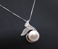 Natural White Pearl Necklace Sterling Silver, Large Freshwater bridal Peal jewelry Mermaid Fish Tail Jewelry 1097