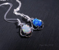 Tiny White Opal Necklace, sterling silver Petal Flower Blue Opal Pendant Oval Stone Jewelry 1018