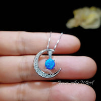 Crescent Blue Opal Moon Necklace Full 925 Sterling Silver Two Pendant wear Opal Pendant #225