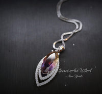 Ametrine Necklace Marquise Cut - White Gold Coated Full Sterling Silver - Large 3 CT Ametrine Pendant Diamond Leaf Navette Style