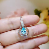 Geometric Aquamarine Necklace - Sterling Silver Triangle Diamond Teardrop 1.2 CT Blue Aquamarine Pendant - Tiny Dynamic Hexagon 18kgp