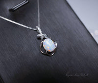 Tiny White Opal Necklace, sterling silver Petal Flower Blue Opal Pendant Oval Stone Jewelry 1018