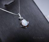 Tiny White Opal Necklace, sterling silver Petal Flower Blue Opal Pendant Oval Stone Jewelry 1018