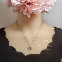 Geometric Aquamarine Necklace - Sterling Silver Triangle Diamond Teardrop 1.2 CT Blue Aquamarine Pendant - Tiny Dynamic Hexagon 18kgp