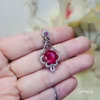 Large Ruby Necklace - Sterling Silver Round Ruby Flower Necklace - July Birthstone Bridal Ruby Jewelry 1034