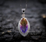 Ametrine Necklace Marquise Cut - White Gold Coated Full Sterling Silver - Large 3 CT Ametrine Pendant Diamond Leaf Navette Style