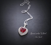 Red Ruby Heart Necklace Double Diamond Halo White Gold Plated Sterling Silver July Birthstone 2 CT Pendant