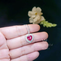 Red Ruby Heart Necklace Double Diamond Halo White Gold Plated Sterling Silver July Birthstone 2 CT Pendant