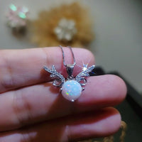 White Opal Necklace - Sterling Silver Diamond Deer Horn Antler Pendant 1099