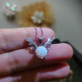 White Opal Necklace - Sterling Silver Diamond Deer Horn Antler Pendant 1099