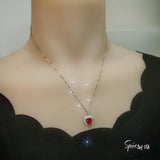 Red Ruby Heart Necklace Double Diamond Halo White Gold Plated Sterling Silver July Birthstone 2 CT Pendant