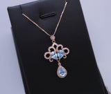 Rose Gold Blue Aquamarine Necklace - Sterling Silver Sky Blue aquamarine Tassel Necklace - Wedding Bridal Pendant, Phoenix Flower 1074