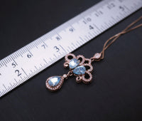 Rose Gold Blue Aquamarine Necklace - Sterling Silver Sky Blue aquamarine Tassel Necklace - Wedding Bridal Pendant, Phoenix Flower 1074