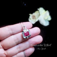 Square Scissor Cut Ruby Necklace - Red Ruby Pendant White gold @ Sterling Silver - July Birthstone Adjustable Chain - Red Ruby Pendant #302