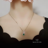 Gemstone Heart Green Diopside Necklace, Sterling Silver White Gold Coated Tiny Minimalist Halo Green Diopside Pendant 032