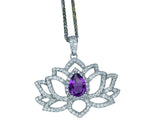 Lotus Style Genuine Amethyst Necklace Gemstone Water lily Pendant 18KGP @ Sterling Silver February Birthstone - Amethyst Jewelry #697