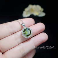 Large Round Peridot Necklace - Sterling Silver Halo 10 mm 4 CT Princess Diana Style Peridot #143