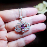 Lotus Style Genuine Amethyst Necklace Gemstone Water lily Pendant 18KGP @ Sterling Silver February Birthstone - Amethyst Jewelry #697
