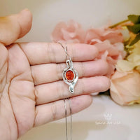 Large Sunstone Necklace , Gemstone Sterling Silver Wave Sun Stone Orange Gemstone Pendant White Gold coated - Orange Sapphire Necklace #567