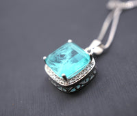 Large 10mm Paraiba Necklace - Sterling Silver cushion Square 6 CT Blue Paraiba Tourmaline Pendant #477
