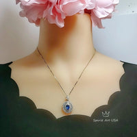 Life Spiral Blue Sapphire Necklace, White Gold Coated Sterling Silver, Triple Gemstone Blue Sapphire Pendant Royal Whirl Jewelry #843