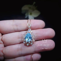 Teardrop Aquamarine Necklace Rose Gold Sterling Silver 2.8 ct Blue Aquamarine Pendant - March Birthstone - Layered Lily Flower Jewelry #750