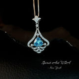 Mandolin flower Blue Aquamarine Necklace - 1.2 ct Trillion Cut Blue Aquamarine Pendant White Gold coated Sterling Silver Diamond Design #683