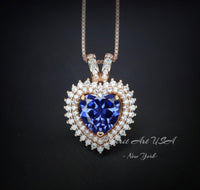 Tanzanite Heart Necklace - 18KGP @ Sterling Silver - Double Halo Heart Tanzanite Pendant - December Birthstone #578