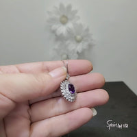 Natural Amethyst Necklace Double Halo Amethyst Pendant Genuine Purple Amethyst Jewelry- Chakra Healing 18KGP @ Sterling Silver #834