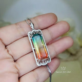 Multi-Color Rainbow Tourmaline Necklace - Sterling Silver Long Diamond Rectangle Watermelon Rainbow Tourmaline Pendant Jewelry Sterling 1078
