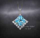 Gemstone Style Blue Aquamarine Necklace - 6.5 CT Square Princess Cut Aquamarine Pendant - 18KGP @ Sterling Silver - March Birthstone #588