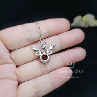 Deer Antler Garnet Necklace - Sterling Silver 8mm Round Cut 2 Ct Garnet Pendant - January Birthstone #341
