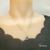 Natural Amethyst Necklace Double Halo Amethyst Pendant Genuine Purple Amethyst Jewelry- Chakra Healing 18KGP @ Sterling Silver #834