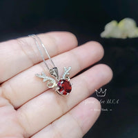 Deer Antler Garnet Necklace - Sterling Silver 8mm Round Cut 2 Ct Garnet Pendant - January Birthstone #341
