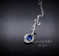 Blue Sapphire Petal Necklace Sterling Silver White Gold Plated - 2.5 CT Teardrop Blue Sapphire Pendant - Gemstone Petal Flower Jewelry #486