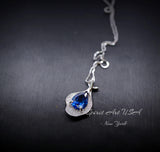 Blue Sapphire Petal Necklace Sterling Silver White Gold Plated - 2.5 CT Teardrop Blue Sapphire Pendant - Gemstone Petal Flower Jewelry #486
