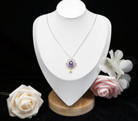 Amethyst Necklace - Gemstone Lotus Flower Pendant - 18kGP @ Sterling Silver -Teardrop Halo Genuine Amethyst Pendant #924