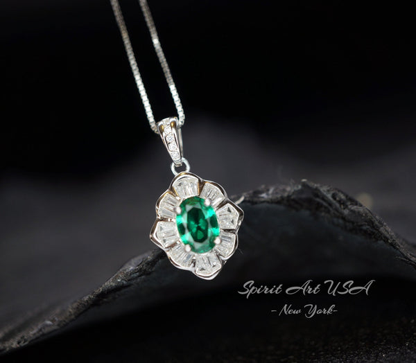 Tiny Emerald Necklace - 18kgp @ Sterling Silver - Mini Green Emerald Pendant - Gemstone Flower Style - May Birthstone #197
