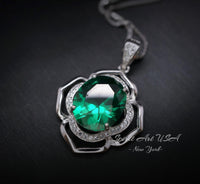 Flower of Life Emerald Necklace Large - Sterling Silver 4 CT Green May Birthstone - Emerald Pendant White Gold Coated #632