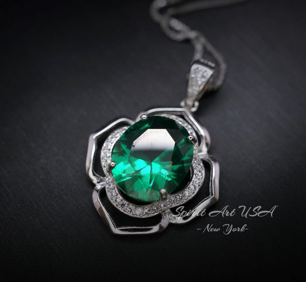 Flower of Life Emerald Necklace Large - Sterling Silver 4 CT Green May Birthstone - Emerald Pendant White Gold Coated #632
