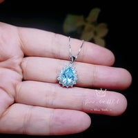 Teardrop Aquamarine Necklace, Sterling Silver 2.5 ct Blue Aquamarine Pendant, Gemstone Halo Pear Blue Gemstone Jewelry #133