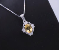 Sterling Silver Natural Citrine Necklace 1.5 CT Genuine Pendant Diamond Halo White Gold plated Dainty Royal Luxury 1073