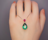 Double Teardrop Emerald Necklace Green Pear Cut Emerald Pendant 18kgp @ Sterling Silver - Large Emerald Jewelry - May Birthstone #729