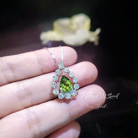 Natural Teardrop Peridot Necklace Dainty Genuine Green Peridot Pendant Gemstone Rounded Halo Green Gemstone August Birthstone Jewelry #499