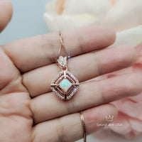 Dainy Square Opal Necklace Diamond Royal Flower Rose Gold Sterling Silver Tiny Fire White Opal Pendant 1022