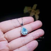 Teardrop Aquamarine Necklace, Sterling Silver 2.5 ct Blue Aquamarine Pendant, Gemstone Halo Pear Blue Gemstone Jewelry #133