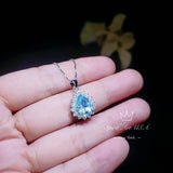 Teardrop Aquamarine Necklace, Sterling Silver 2.5 ct Blue Aquamarine Pendant, Gemstone Halo Pear Blue Gemstone Jewelry #133