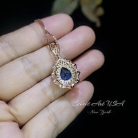 Lily Flower Blue Sapphire Necklace 18K Rose gold @ Sterling Silver 3 CT Blue Sapphire Pendant September Birthstone Layered Double Halo #790