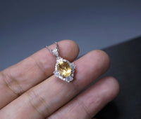 Sterling Silver Natural Citrine Necklace 1.5 CT Genuine Pendant Diamond Halo White Gold plated Dainty Royal Luxury 1073